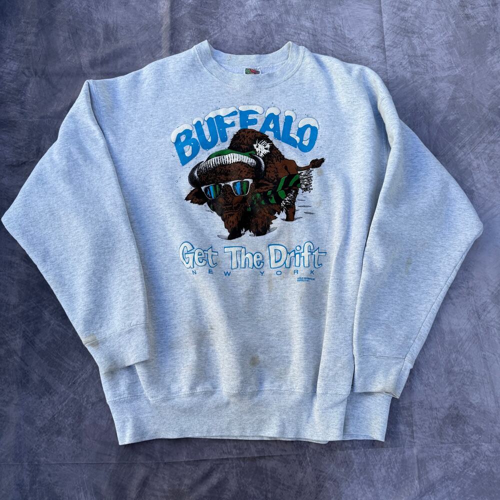 Vintage 90's Buffalo New York Get the Drift Gray Crewneck Pullover Sweatshirt XL